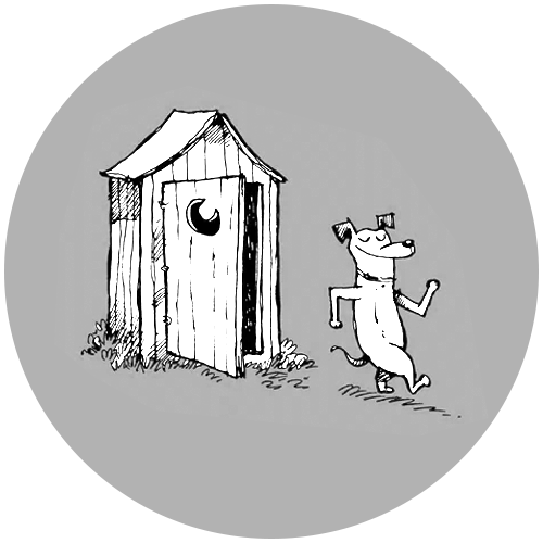 cartoon dog exiting outhouse