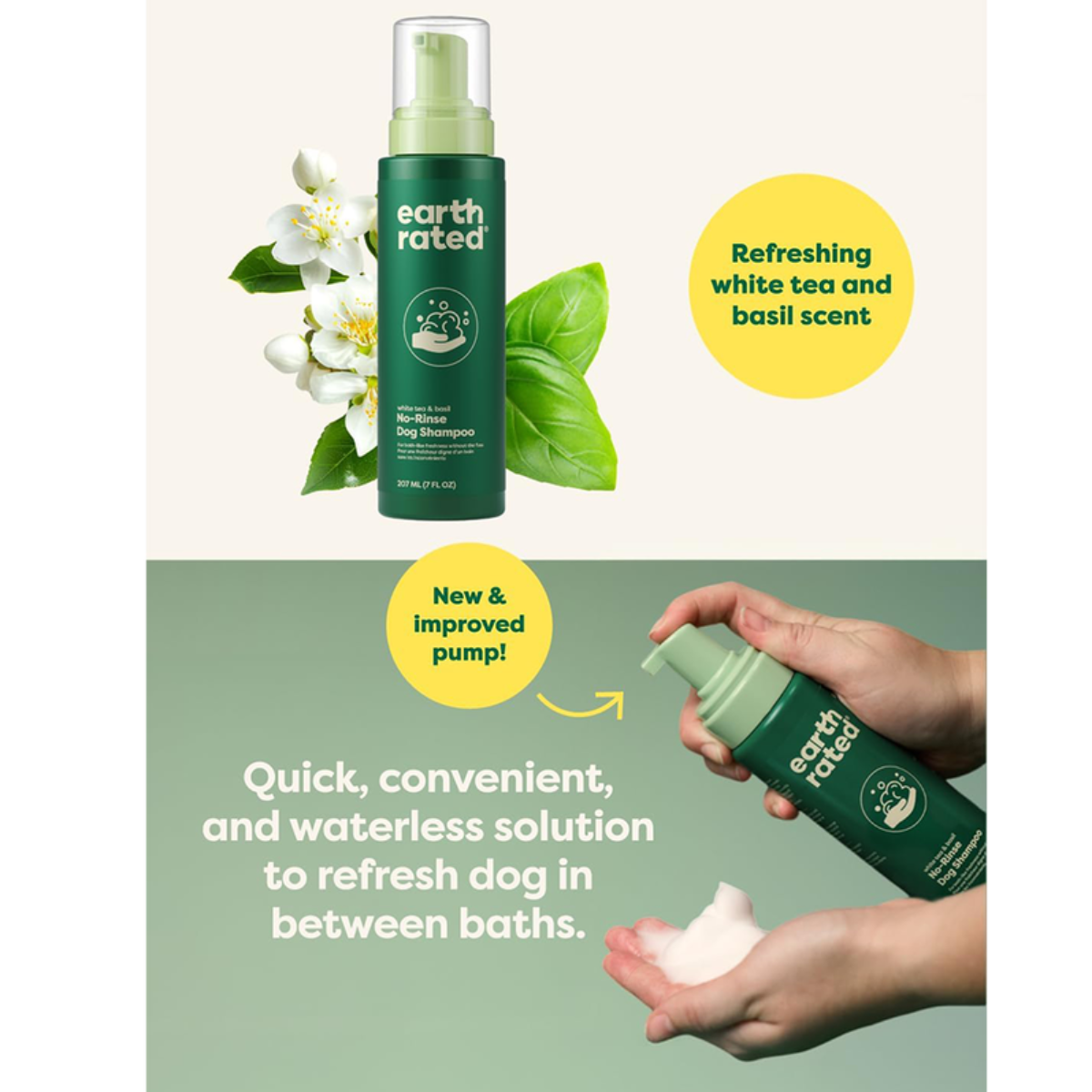 Earth Rated® No-Rinse Foaming Dog Shampoo, White Tea & Basil Scent, 7 oz