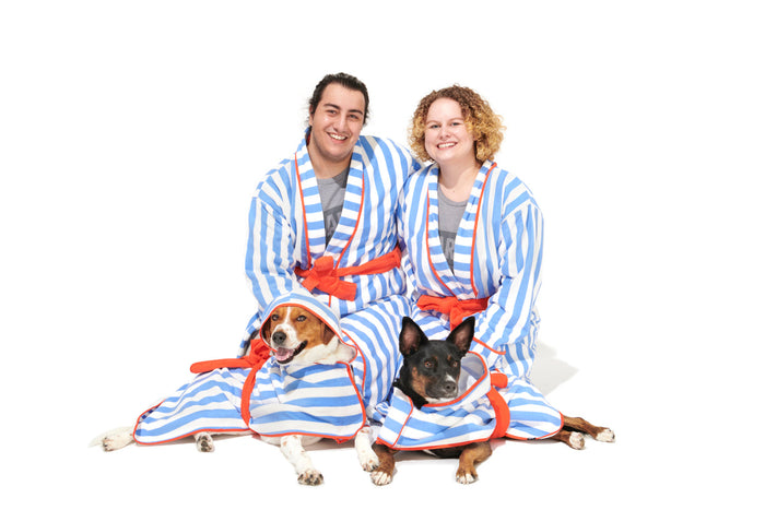 dogs and humans in matching robes