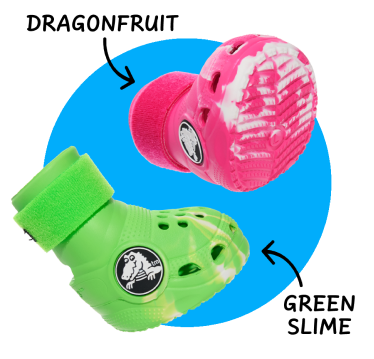 green and pink dog crocs