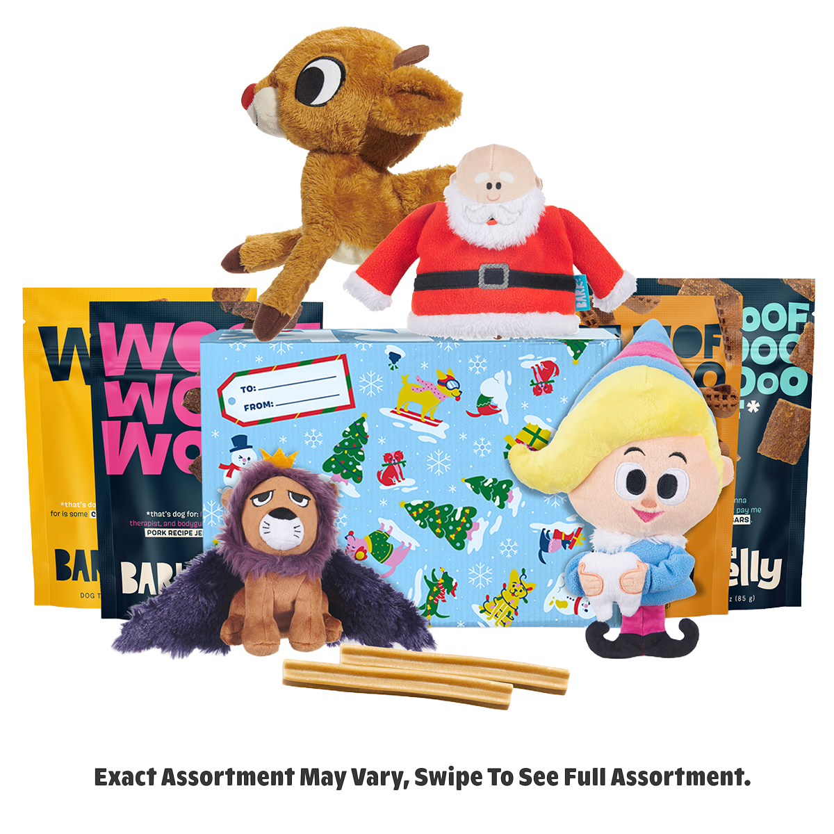 Rudolph® Holiday Gift BarkBox#Assortment_Double Deluxe #Dog Size_M/L
