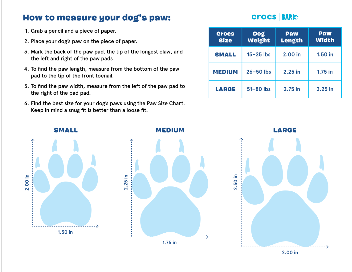 measuring and sizing chart for dog crocs