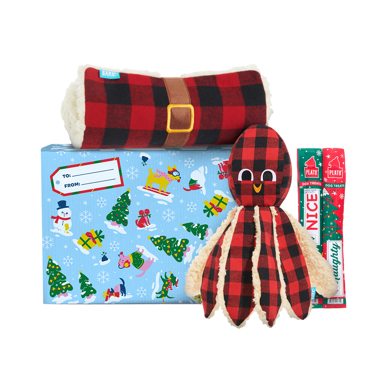 Plaid Party Plush Dog Toy & Treat Holiday Gift Box