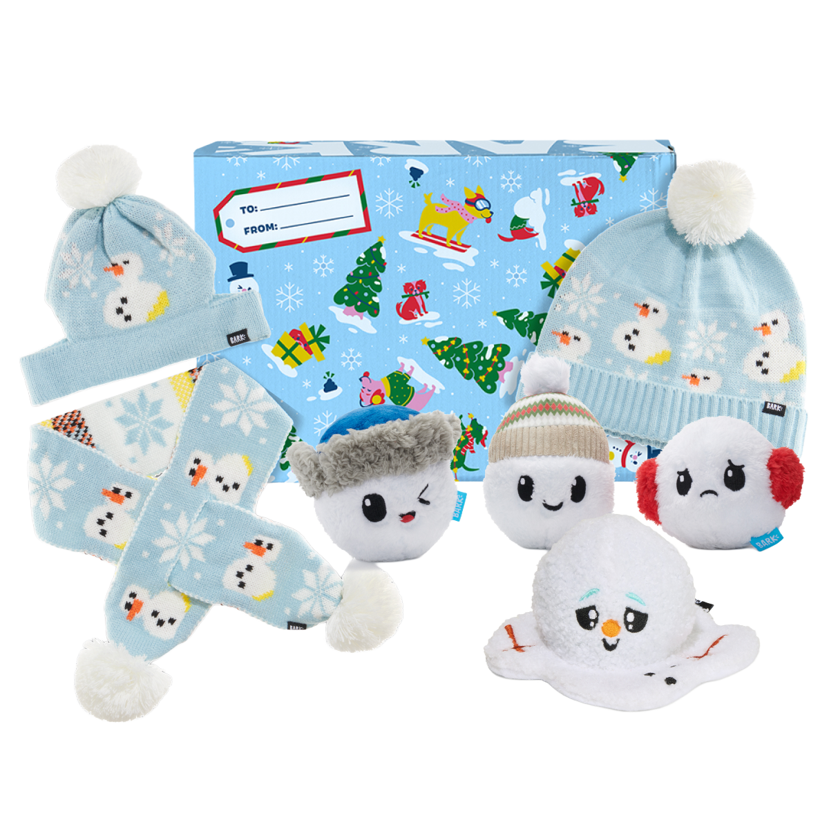 Snowman Dog Toys + Dog Scarf & Human Hat Holiday Gift Box