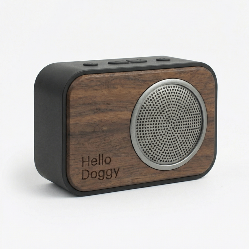 Hello Doggy speaker — matte charcoal with walnut faceplate