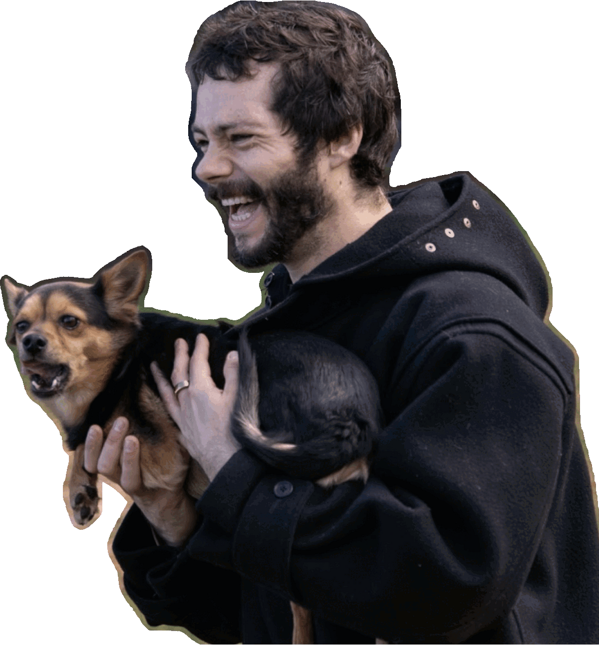 Dylan O'Brien with Tony the dog wearing Manhattan Muffs