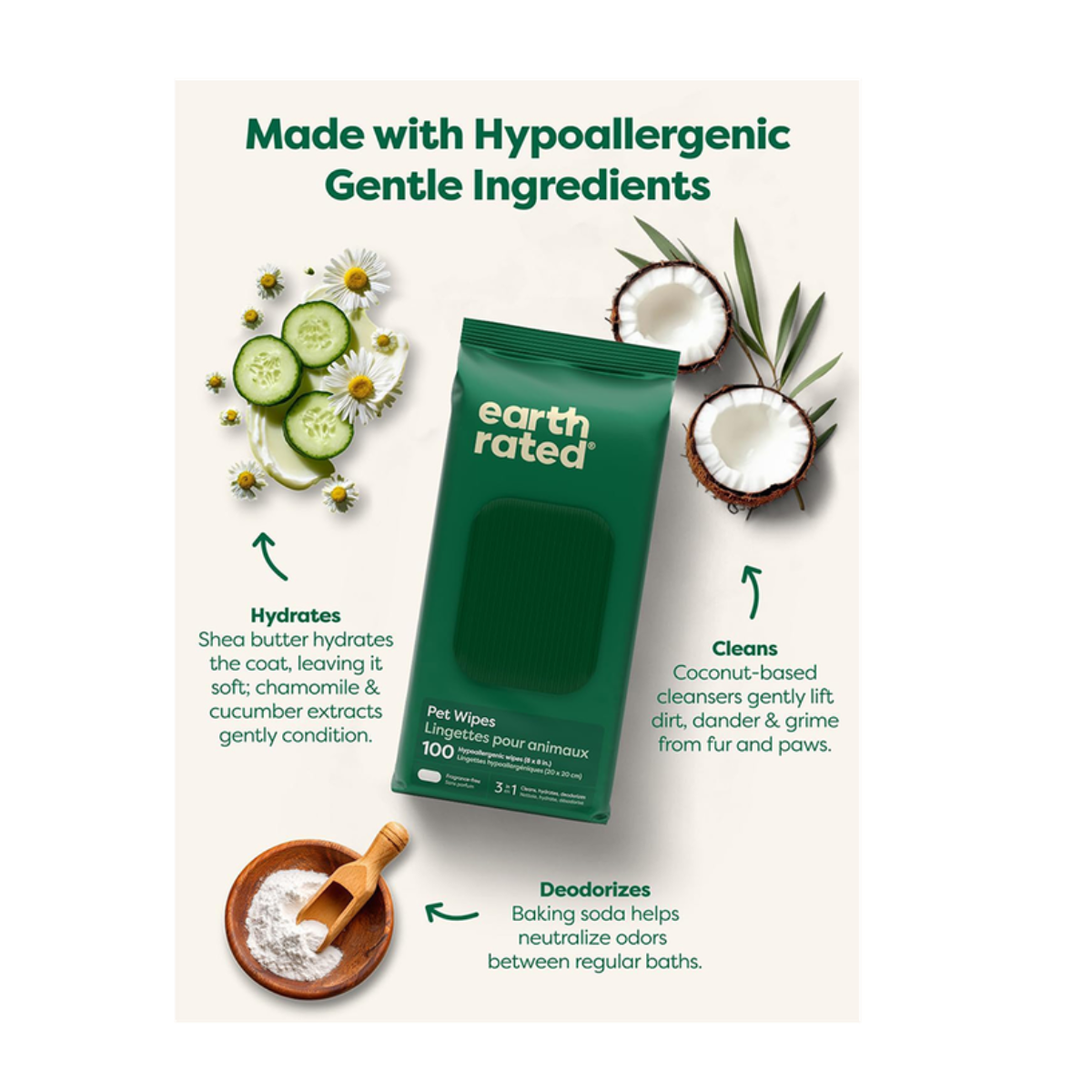 Earth Rated® Hypoallergenic 3-in-1 Dog Grooming Wipes, Unscented, 100 Ct